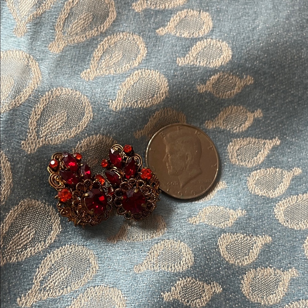 Vintage Red and Orange Crystal Floral Clip-On Earrings made in West Germany